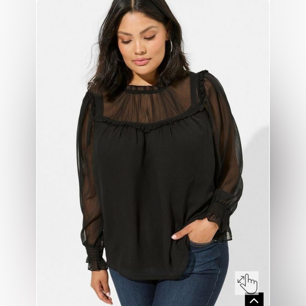 Sheer Yoke Black Long-Sleeve Blouse